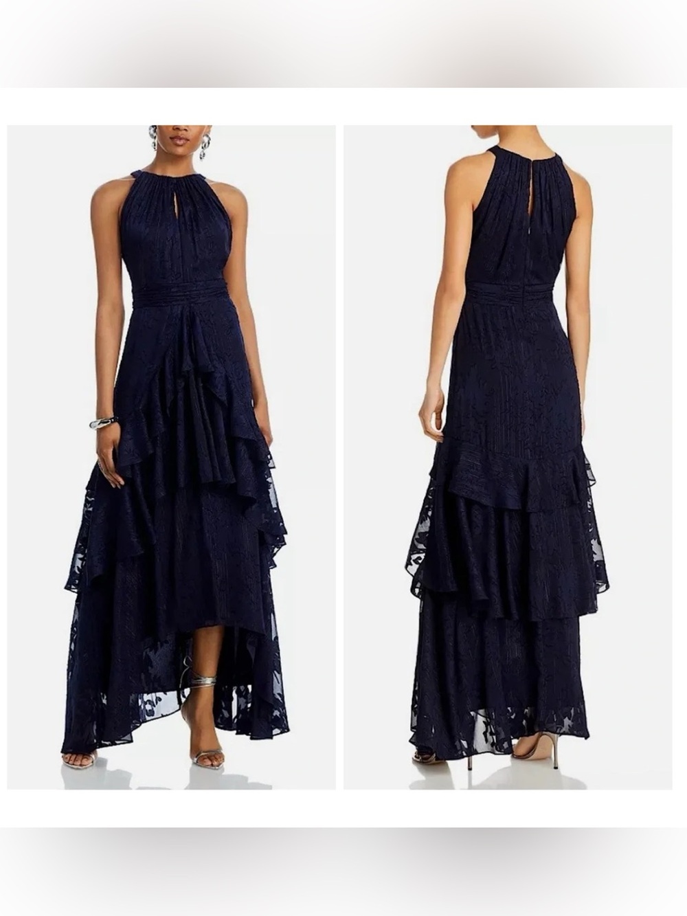 NEW Aqua Size 4 Navy Blue Halter‎ Neck Burnout Chiffon Layered Ruffle Maxi Gown
